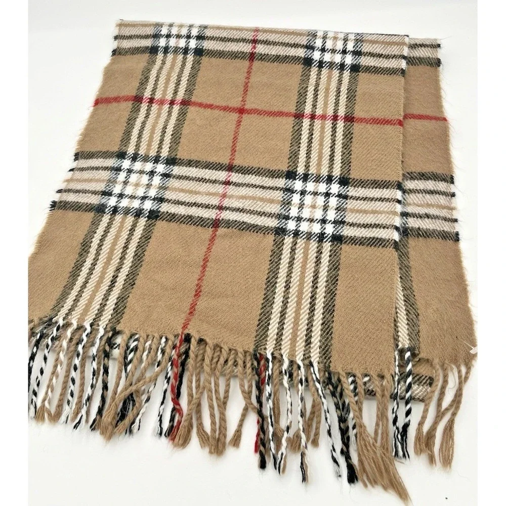 100% Cashmere Scarf Beige Check Plaid Long Rectangular Unisex Winter Luxury